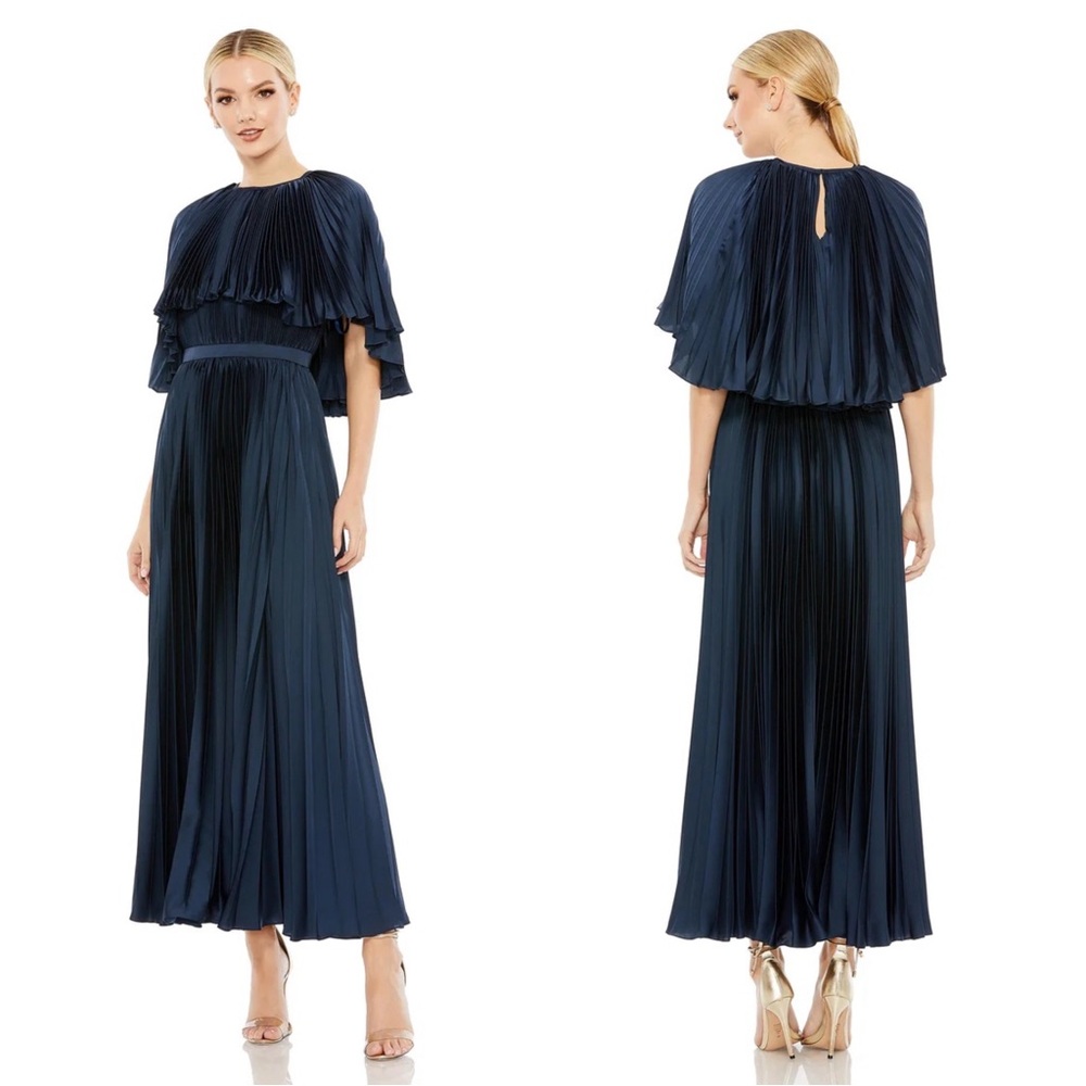 Mac Duggal Navy Pleated Midi Dress
